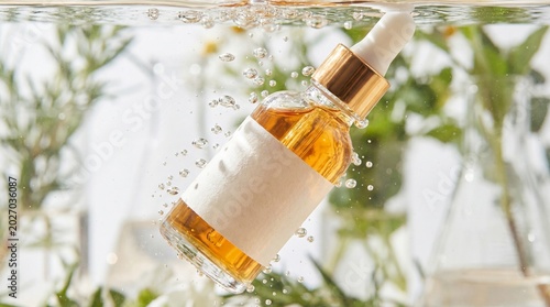Hydrating skincare essence in realistic glass packaging with water bubbles.