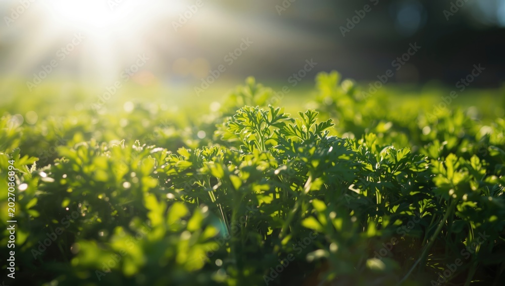 Obraz premium Flat Leaf Parsley Bathed in Sunlight Close-Up, Natural Colors, Depth of Field