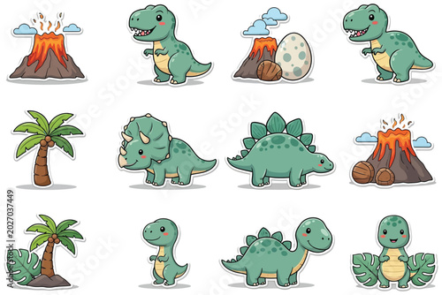 Cute dinosaur sticker set with volcanoes palm trees and eggs on a white background for playful prehistoric illustrations and designs