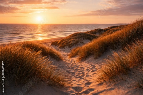 Peaceful evening glow illuminating marram grass and sandy dunes at the coast