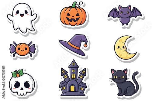 Cute halloween icons featuring a ghost pumpkin bat witch hat candy and haunted house on a white background
