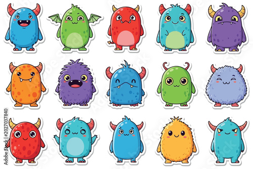 Colorful cartoon monsters collection with various expressions and designs on a white background perfect for halloween or childrens illustrations