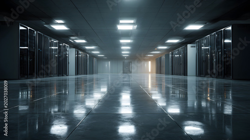 Hyper Realistic Server Room Perspective with Reflective Flooring and Enterprise IT Infrastructure