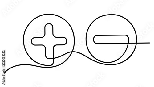 Fotografie Continuous line drawing of plus and minus signs in circles