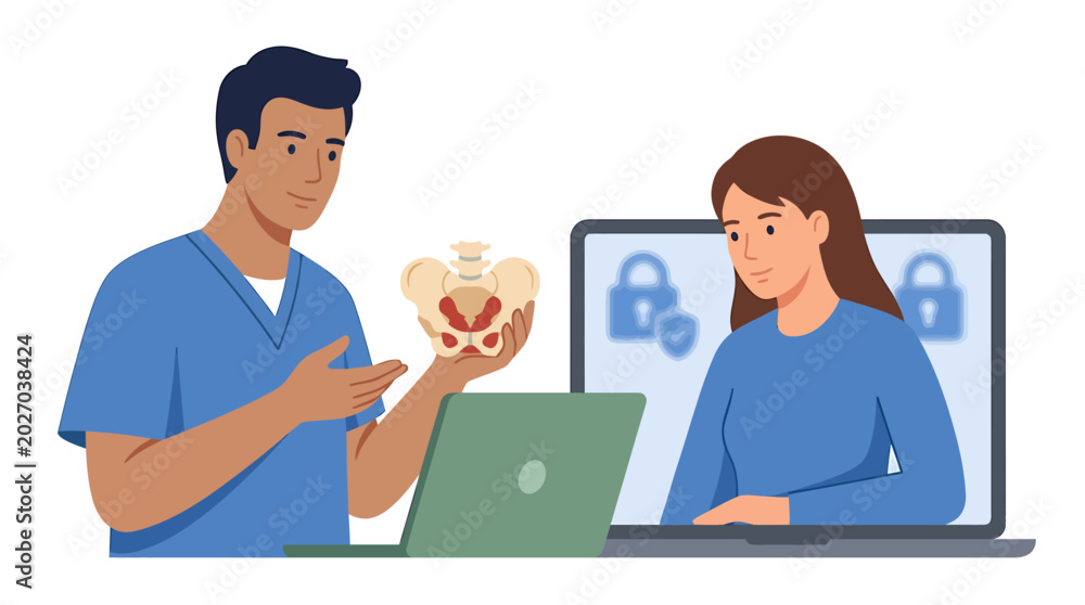 Obraz premium Male Proctologist Explaining Procedure with Pelvis Model on Laptop