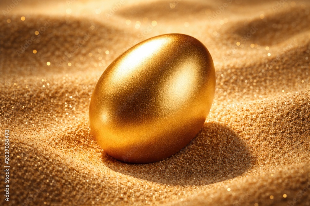 Obraz premium Radiant golden egg lying on granular sand surface background