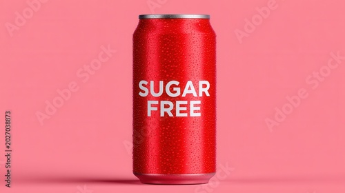 Red soda can with sugar free label condensation against pink background