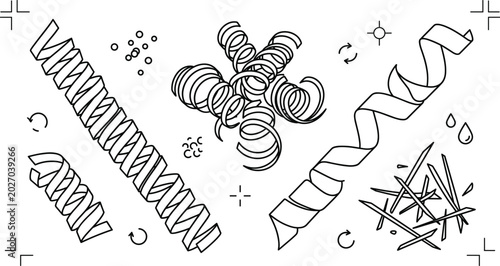 Billede på lærred Metal Shavings and Swarf Machining Spiral Chips Line Icon Set for Industrial Man