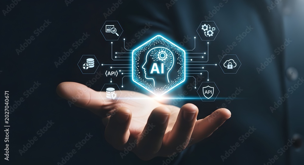 Fototapeta premium Artificial Intelligence and Data Network Hand Holding Futuristic AI Icon with Connected Technology Symbols