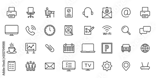 Tableau sur toile Office Workplace Web Icon Set, Line Style Business Team Vector Transparent Backg