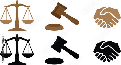 Law Justice Icons Scales of Justice Gavel and Handshake