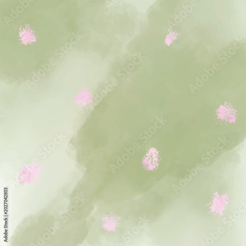 Abstract watercolor painting with soft green hues and delicate pink floral accents.
