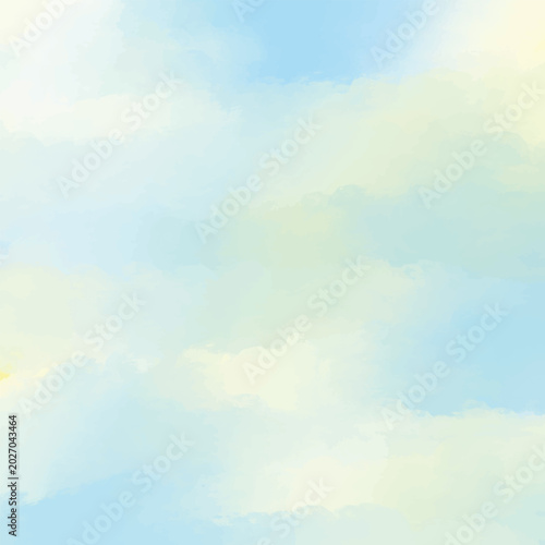 A soft, painterly sky with gentle blue and pale yellow clouds, creating a serene and ethereal abstract background.