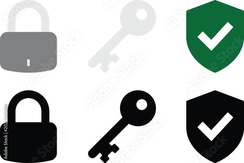 Security Icons Padlock Key and Shield for Protection Design