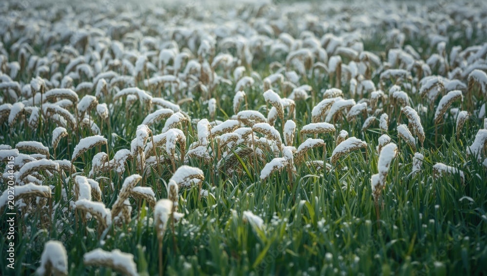 Fototapeta premium Snow-Covered Grain Crops in Winter Close-Up of Vibrant Green Grass