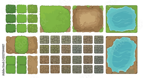Fotografie Top-down game map tileset, 2D pixel art environment assets for level design, gre