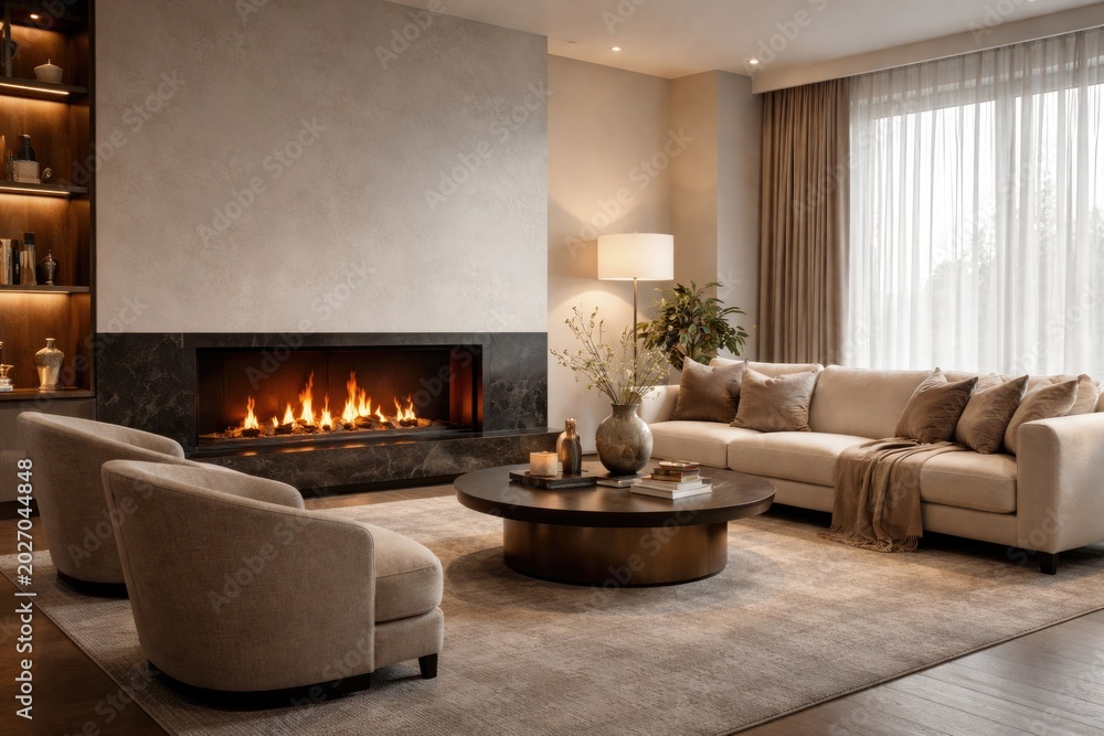 Fototapeta premium Elegant modern living room with fireplace warmth and clear copyspace background