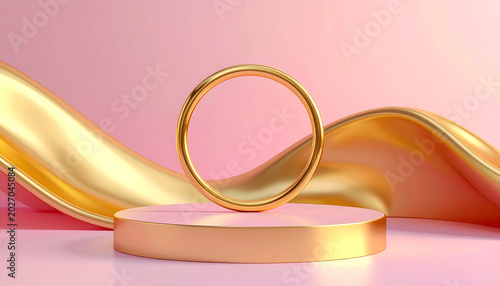 Satisfying Liquid Gold Loop: Flawless polished gold ring on podium display for luxury product render in satisfying animation style with soft elegant mood