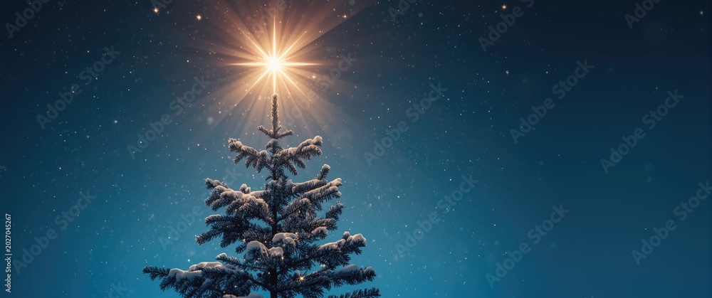 Obraz premium Bright star of holiday season glowing over a luminous night sky rich with twinkling lights and Nativity spirit