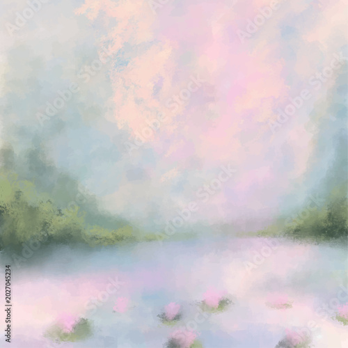A serene and dreamy impressionistic painting of a tranquil lake with pink water lilies, surrounded by soft, misty hills under a pastel sky.