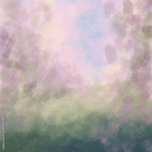 Soft pastel abstract painting with blended purple, green, and blue hues creating a dreamy, atmospheric landscape.