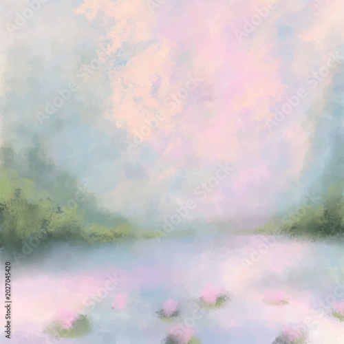 A serene, impressionistic painting of a tranquil lake at dawn, with soft pastel reflections and delicate pink water lilies floating on the surface, surrounded by hazy, muted green foliage.