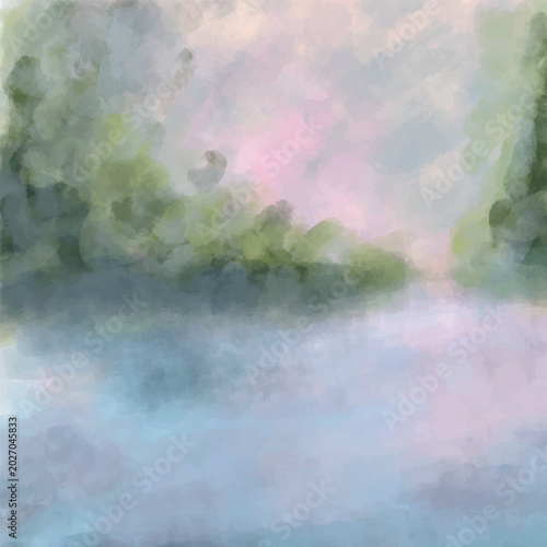 A serene watercolor painting depicting a misty lake at dawn, surrounded by soft green foliage and a sky with gentle pink and blue hues.