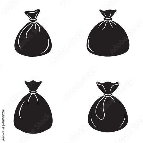 Four black trash bags with white outlines on a white background  garbage bags  waste management  recycling  trash  garbage  bags  black bags  white background