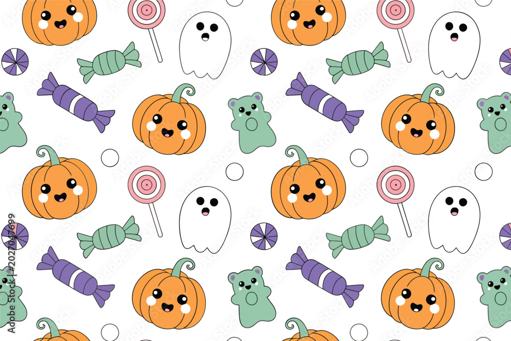 Obraz premium kawaii halloween pattern with pumpkins ghosts and candy