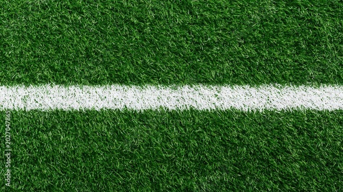 Close up of white sports field line marking on green grass