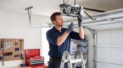 A handyman repairs a garage door opener, showcasing DIY skills and home maintenance.