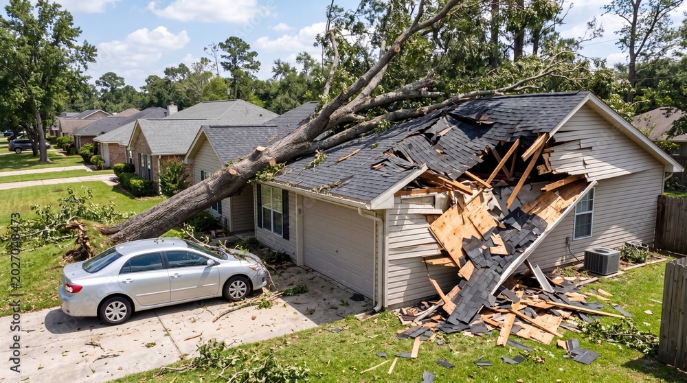 Fototapeta premium A house damaged by a fallen tree, showcasing the impact of severe weather events.