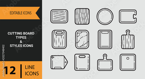Foto Wooden Cutting Board Styles and Shapes Outline Icons Collection for Kitchen Desi
