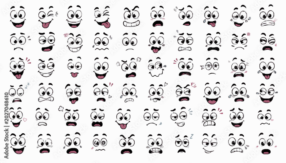 Fototapeta premium Comic Reaction Expression Icons Pack with Isolated Funny Eyes, Mouths, Brows, Smiles, Reaction Faces and Playful Cartoon Emotion Design Elements