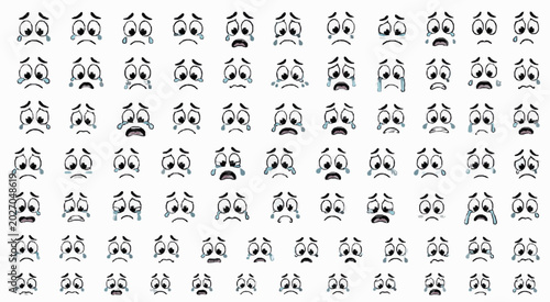 Sad Worried Crying Expressions Pack with Isolated Funny Eyes, Mouths, Brows, Smiles, Reaction Faces and Playful Cartoon Emotion Design Elements
