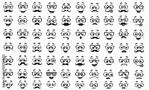 Nerdy Glasses Disguise Expressions Pack with Isolated Funny Eyes, Mouths, Brows, Smiles, Reaction Faces and Playful Cartoon Emotion Design Elements