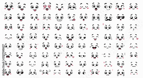 Tiny Cute Kids Expression Icons Pack with Isolated Funny Eyes, Mouths, Brows, Smiles, Reaction Faces and Playful Cartoon Emotion Design Elements