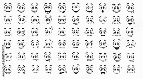 Minimal Monochrome Expression Icons Pack with Isolated Funny Eyes, Mouths, Brows, Smiles, Reaction Faces and Playful Cartoon Emotion Design Elements