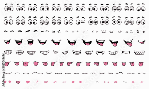 Face Builder Parts Expression Pack with Isolated Funny Eyes, Mouths, Brows, Smiles, Reaction Faces and Playful Cartoon Emotion Design Elements