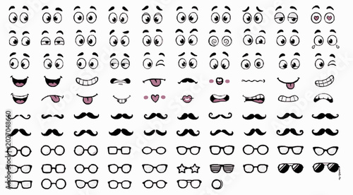 Moustache Glasses Expression Parts Pack with Isolated Funny Eyes, Mouths, Brows, Smiles, Reaction Faces and Playful Cartoon Emotion Design Elements