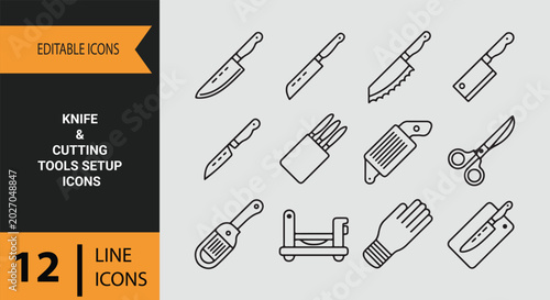Schilderij op canvas Knife and Cutting Tools Arrangement Outline Icons Collection for Professional Ki