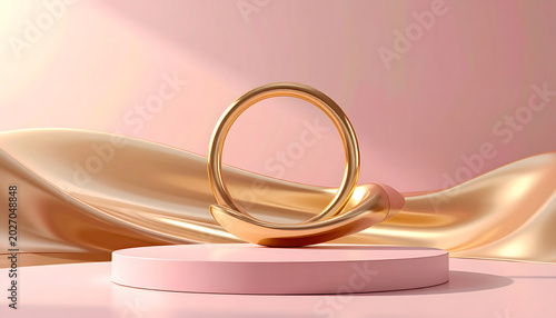 Satisfying Liquid Gold Loop: Gold ring product render cinema style satisfying animation flawless polished gold metal on pink podium display for luxury jewelry design