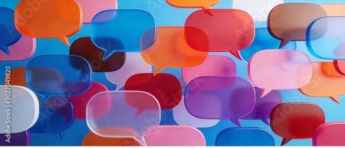 Vibrant multicolored speech bubbles float against a blue background.