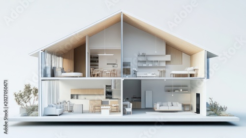 Modern house cutaway, interior design, rooms, furniture, white background, architectural visualization, home design