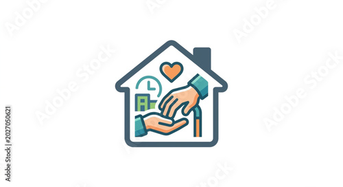 Home Care Helping Hands Icon with Heart and Clock.