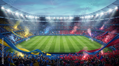 Football World Cup 2026 stadium packed with colorful fans and illuminated soccer field, exciting international sports event concept symbolizing unity, competition and championship celebration