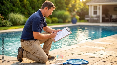 A man inspects pool water quality in a sunny backyard setting.