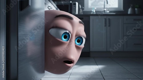 A curious animated character cautiously peeks around a doorway into a kitchen, expressing surprise and trepidation with wide blue eyes and a slightly ajar mouth, reflecting a moment of discovery