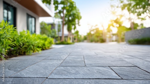 Sunlit Paved Pathway Surrounded by Lush Greenery and Modern Architecture, Inviting an Atmosphere of Peace and Calm in a Residential Area