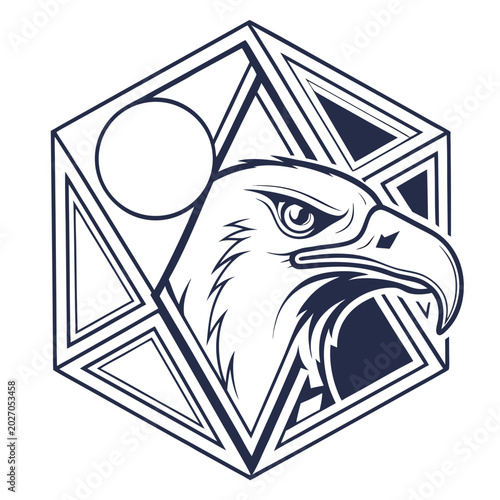 eagle head illustration within geometric hexagon frame with triangular design elements